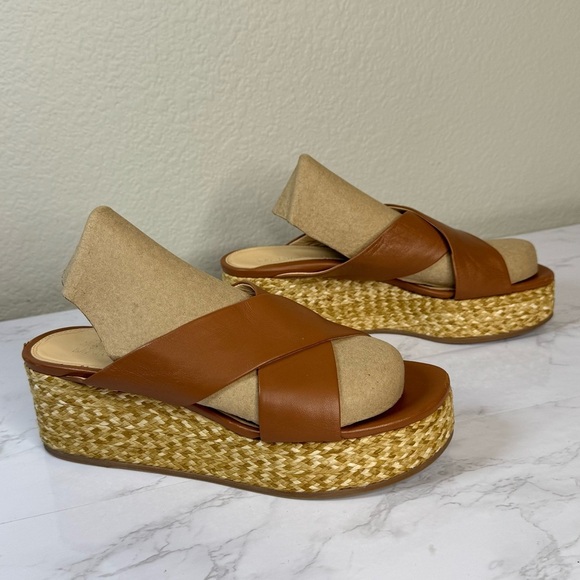 Platform Wedge Nappa Leather Upper Crisscross‎ Raffia Heel Cognac Size 8.5 - Picture 1 of 11